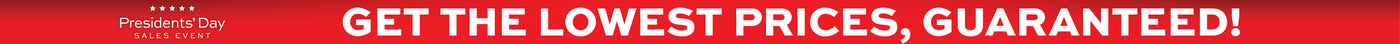 Promotional banner for Presidents' Day sales event "Get the lowest prices, guaranteed!" on a red background