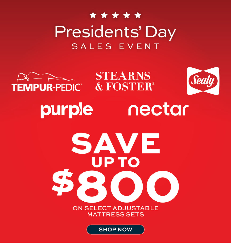 Promotional graphic for Presidents' Day sales event with mattress brand logos on a red background.
