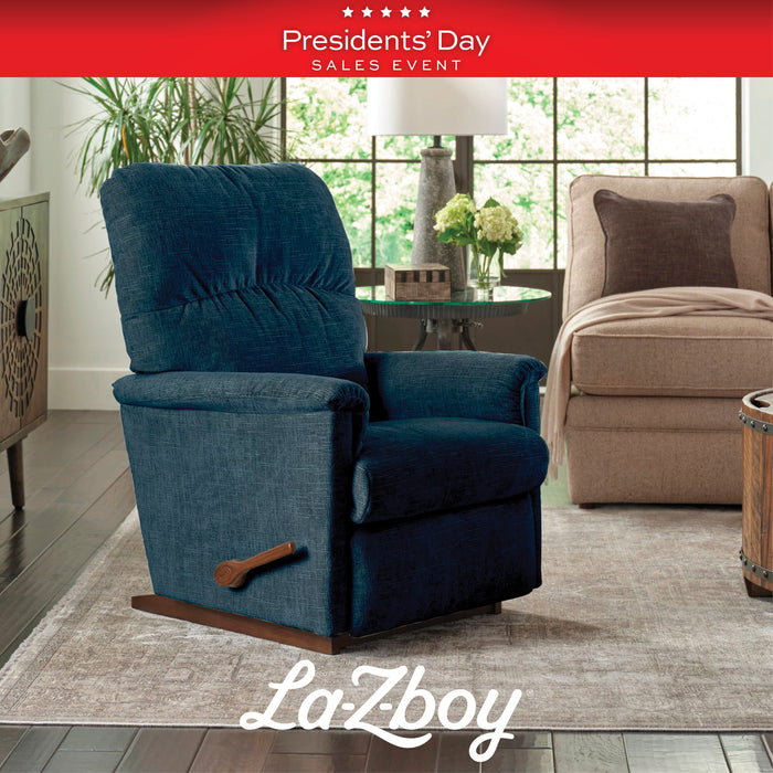 Blue recliner chair in a living room setting with 'La-Z-Boy' branding and Presidents' Day sale text.