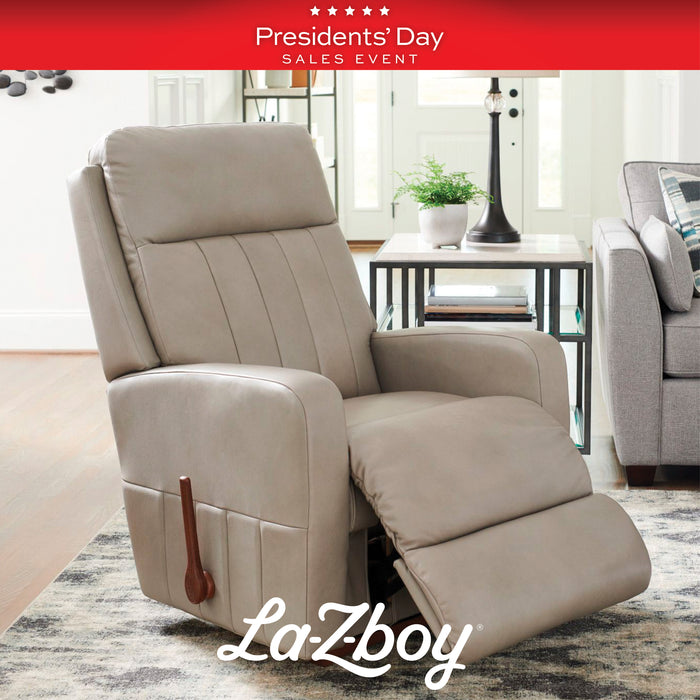 Beige recliner chair in a living room setting with 'La-Z-Boy' branding and Presidents Day sale text.