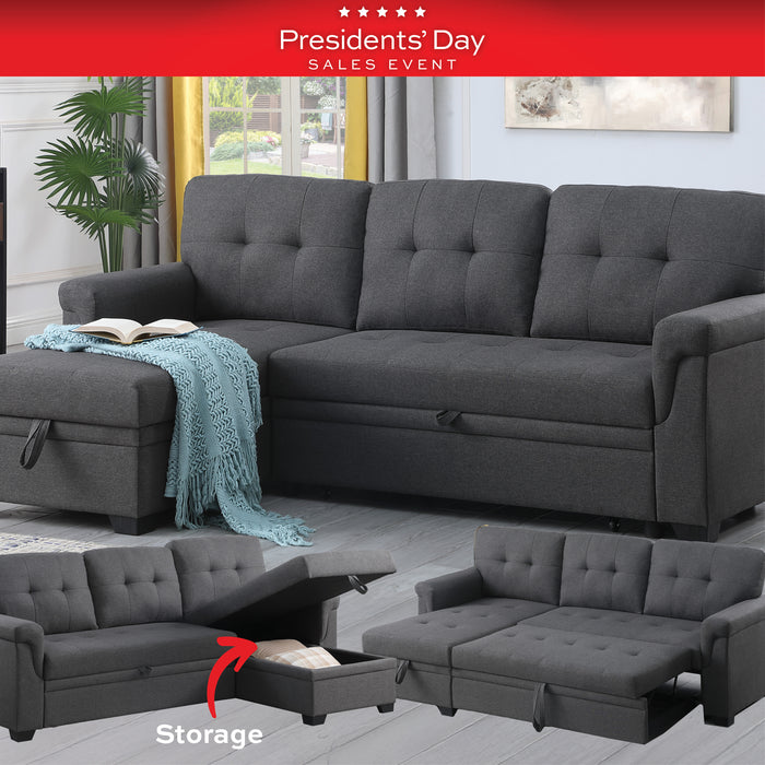 Gray sectional sofa with storage ottoman in a living room setting, part of a Presidents' Day sales event.