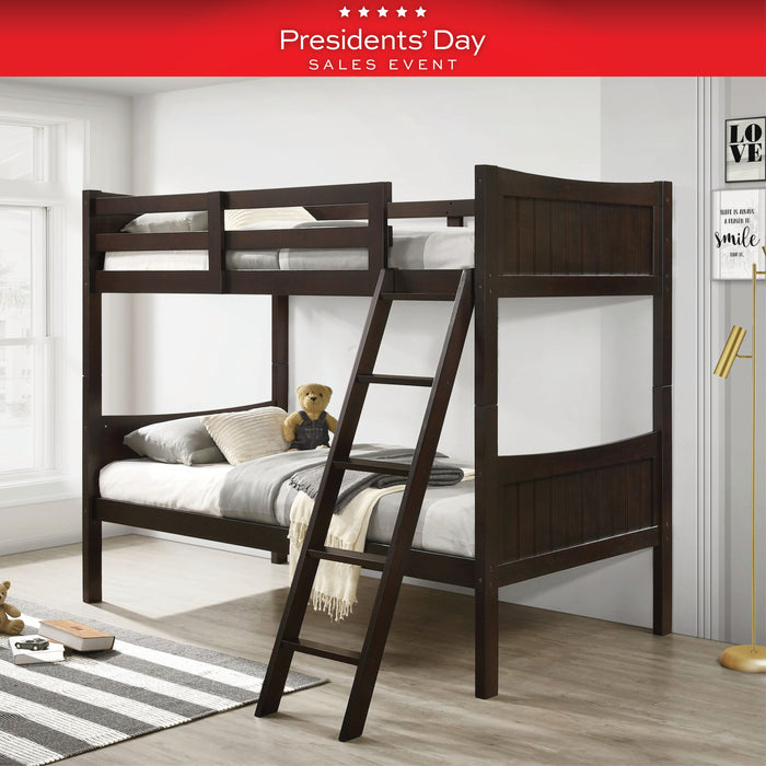 Wooden bunk bed in a room with a 'Presidents' Day Sales Event' banner at the top.