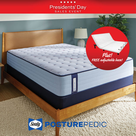 Sealy PosturePedic mattress on a bed with a 'Presidents' Day Sales Event' banner and free adjustable base offer.
