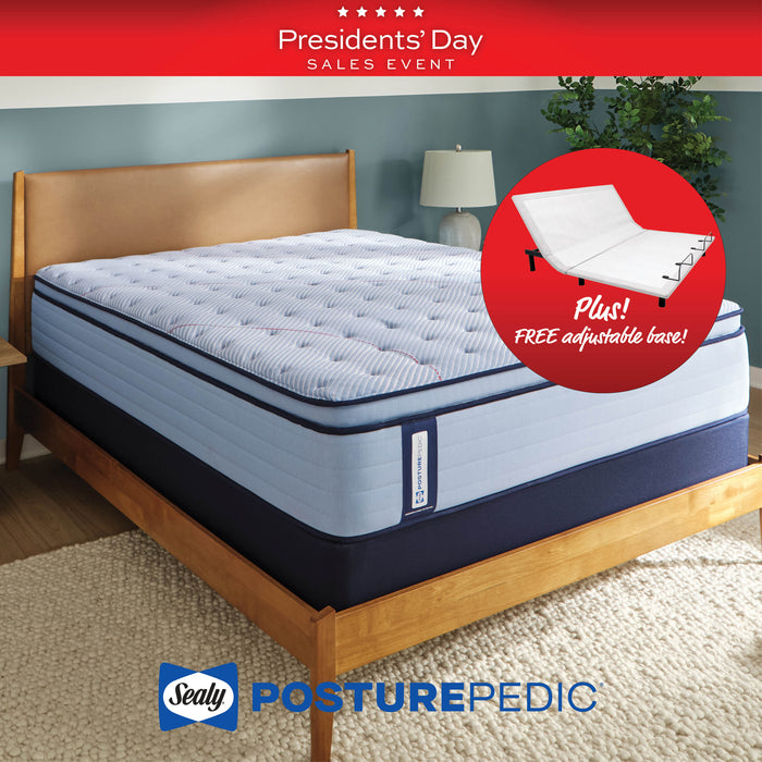 Sealy PosturePedic mattress on a wooden bed frame with 'Presidents' Day Sales Event' banner and free adjustable base offer.