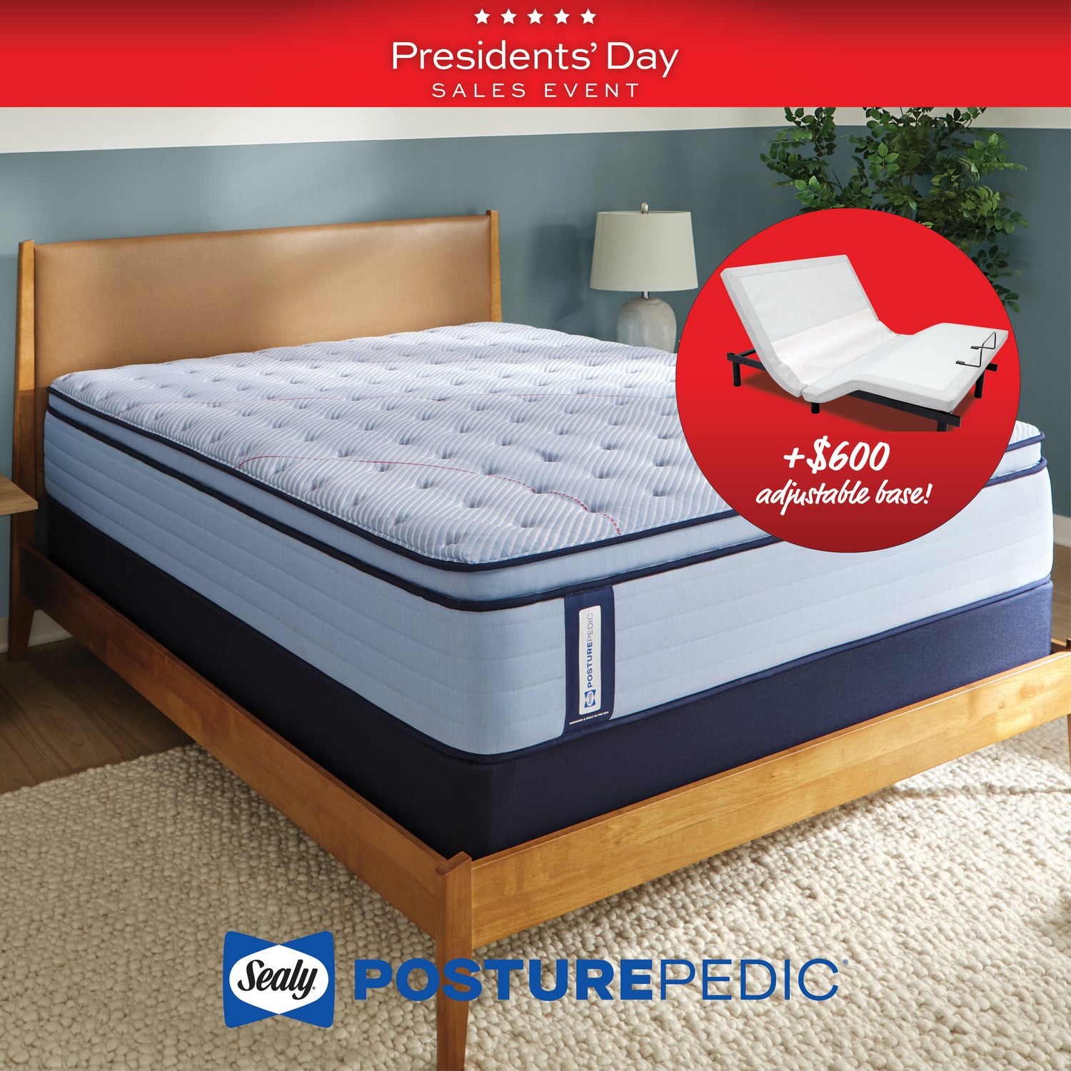 Sealy PosturePedic mattress with adjustable base on a wooden bed frame, during a Presidents' Day sales event.