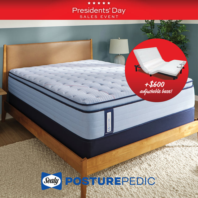 Sealy PosturePedic mattress with adjustable base on a wooden bed frame, during a Presidents' Day sales event.