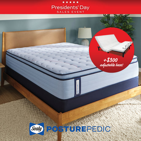 Sealy PosturePedic mattress on a bed with an adjustable base promotion and 'Presidents' Day Sales Event' banner.