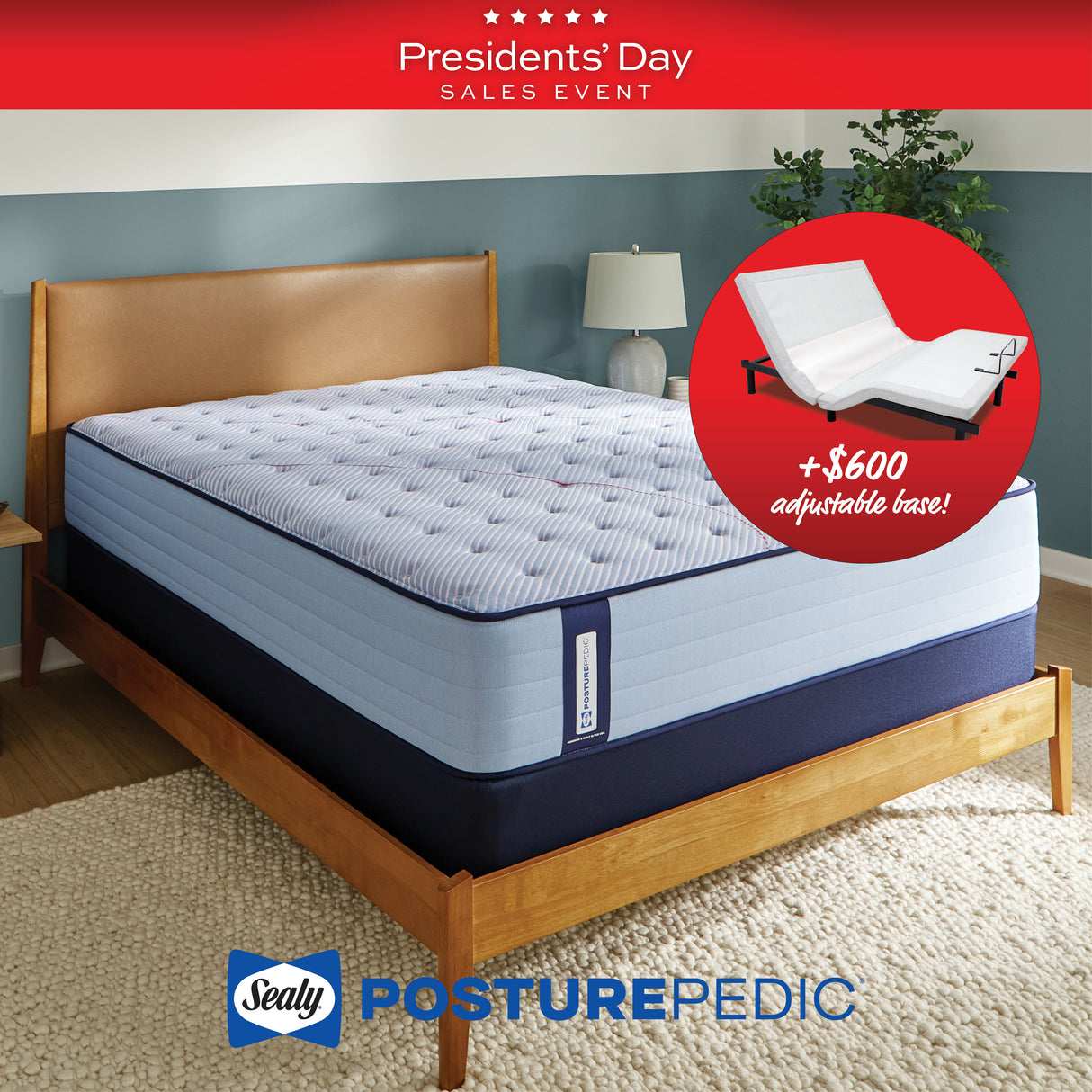 Sealy PosturePedic mattress with adjustable base on a wooden bed frame, part of a Presidents' Day sales event.