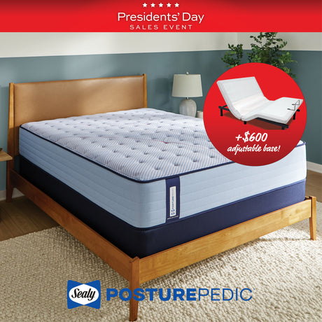 Sealy PosturePedic mattress with adjustable base on a wooden bed frame, part of a Presidents' Day sales event.