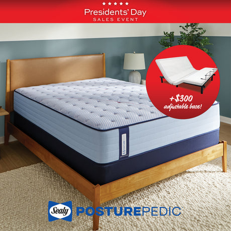 Sealy PosturePedic mattress with adjustable base on a wooden bed frame, featuring a 'Presidents' Day Sales Event' banner.