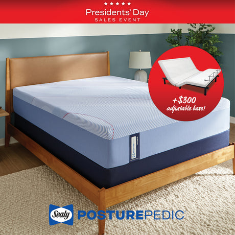 Sealy PosturePedic mattress on a wooden bed frame with an adjustable base promotion, during a Presidents' Day sales event.