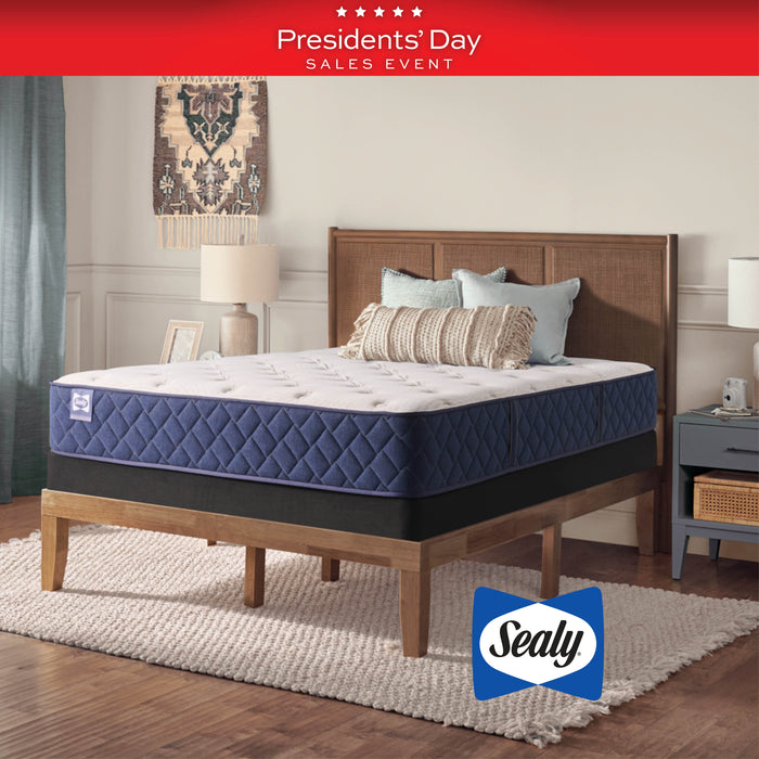 Sealy mattress on a wooden bed frame with 'Presidents' Day Sales Event' banner above.