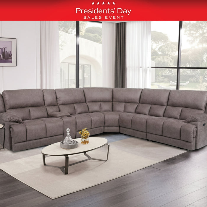 Gray sectional sofa in a living room with a 'Presidents' Day Sales Event' banner at the top.