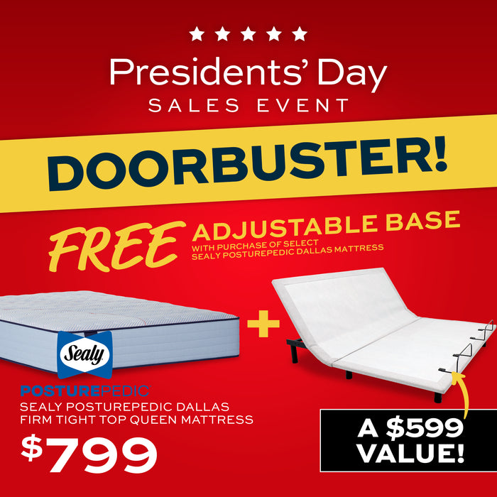 Promotional advertisement for a mattress and adjustable base set with a free offer during a Presidents' Day sales event.