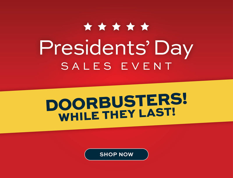Promotional banner for Presidents' Day sales event Doorbusters! While they last! with 'Shop Now' button on a red and yellow background.