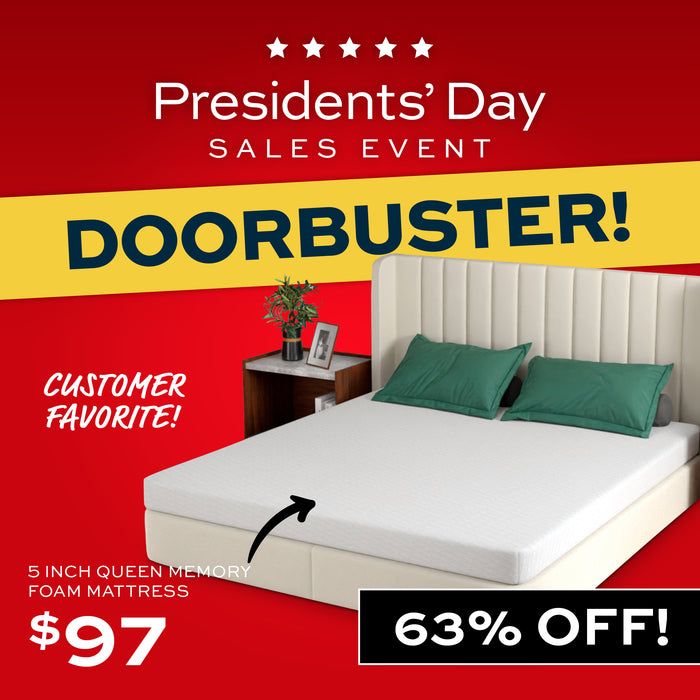 Bedroom with a bed and green pillows, featuring a 'Doorbuster!' banner at the top.