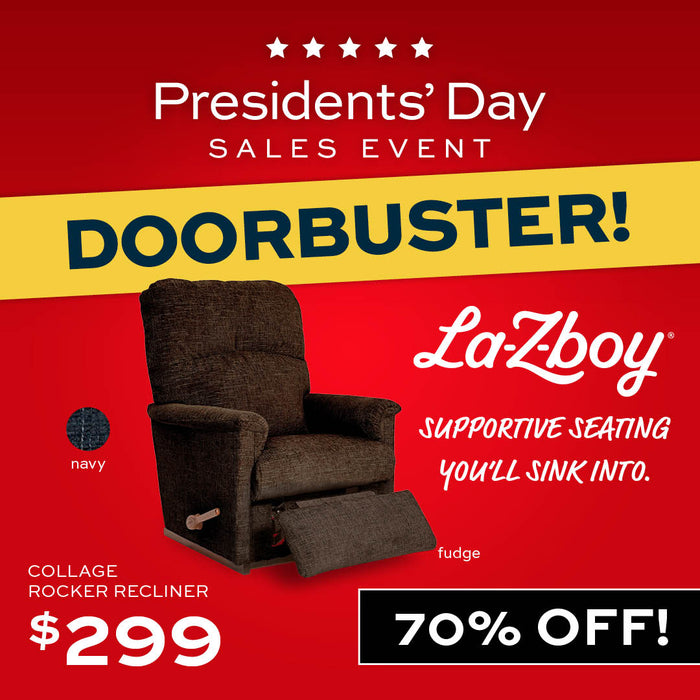 Brown La-Z-Boy recliner chair with 'Doorbuster!' text in a home setting.