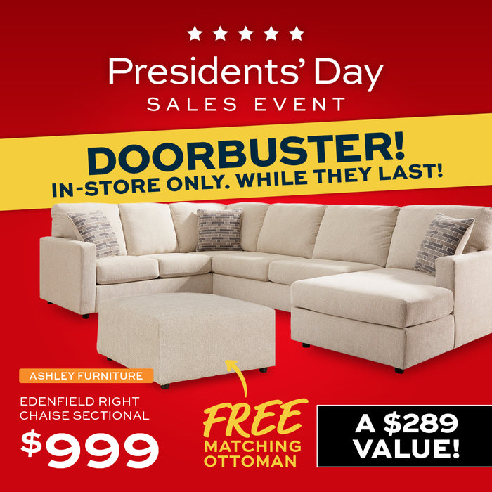 Beige sectional sofa with ottoman in a living room setting, featuring 'Doorbuster!' and Ashley Furniture branding.