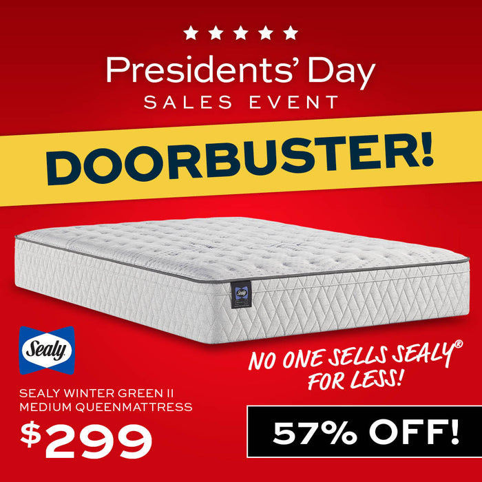 Sealy mattress on a bed with 'Doorbuster!' text and logo in a bedroom setting