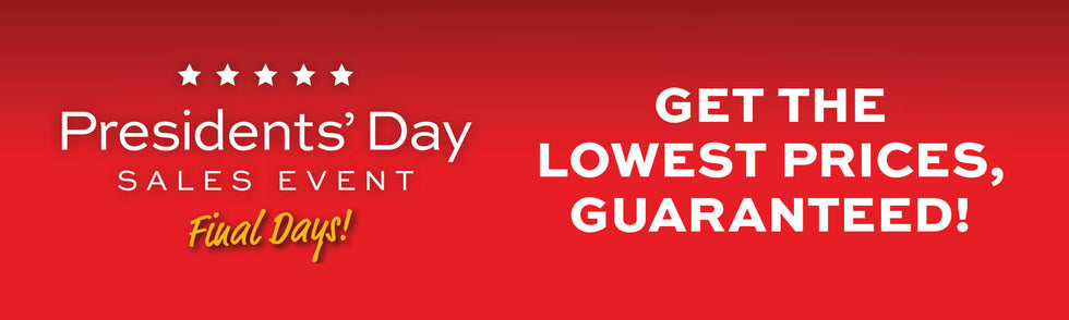 Promotional banner for Presidents' Day Sales Event Final days, Get the lowest prices Guaranteed with text on a red background