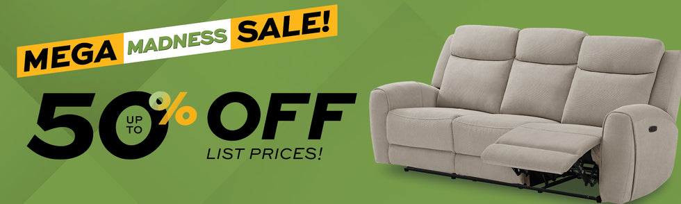 Sofa with 'Mega Madness Sale' text and up to 50% off list prices promotional offer on a green background