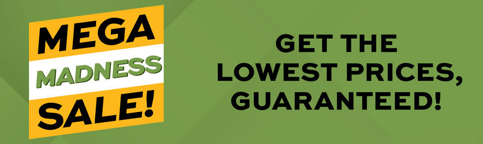 Promotional banner for 'Mega Madness Sale' with 'Get the lowest prices, guaranteed' text on a green background