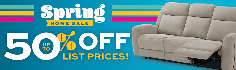 Promotional banner for a spring home sale with a couch and decorative pillows on a blue background with "Up to 50% off List Prices!" text.