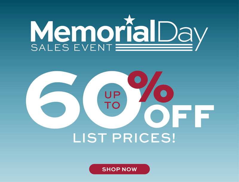 Memorial Day sales event advertisement with up to 60% off List Prices text on a blue background