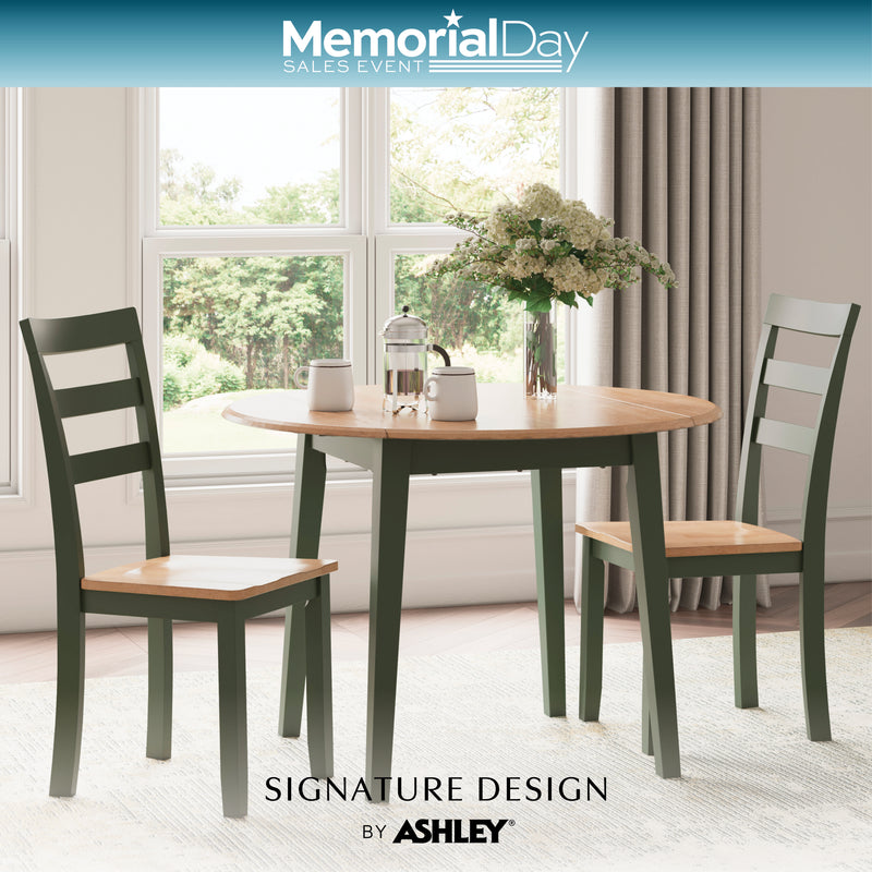 Dining table set with chairs in a room with a window and curtains, featuring Memorial Day sales text.