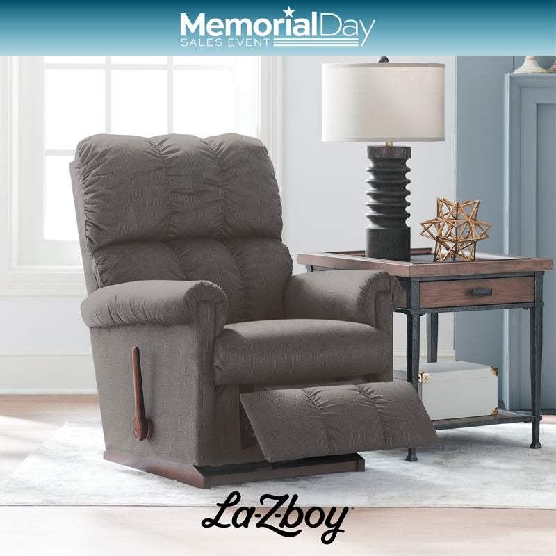 Gray recliner chair in a living room setting with 'La-Z-Boy' branding and Memorial Day sales text.