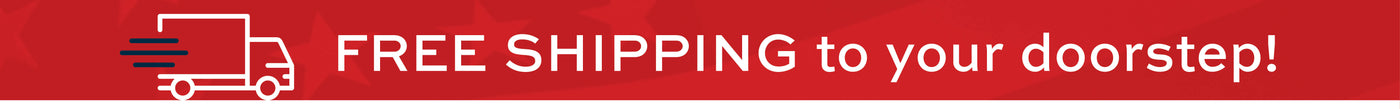 Free shipping banner with truck icon and call to action text on a red background