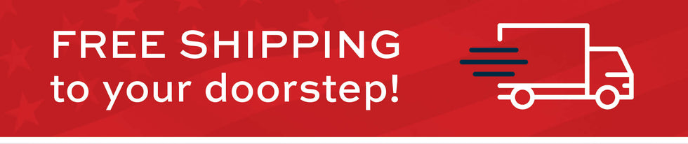 Red banner with free shipping text and truck icon on a red background