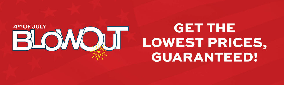 Promotional banner for '4th of July Blowout' sale with text on a red background.