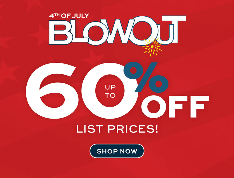 Promotional graphic for a 4th of July Blowout sale with 60% off list prices on a red background.