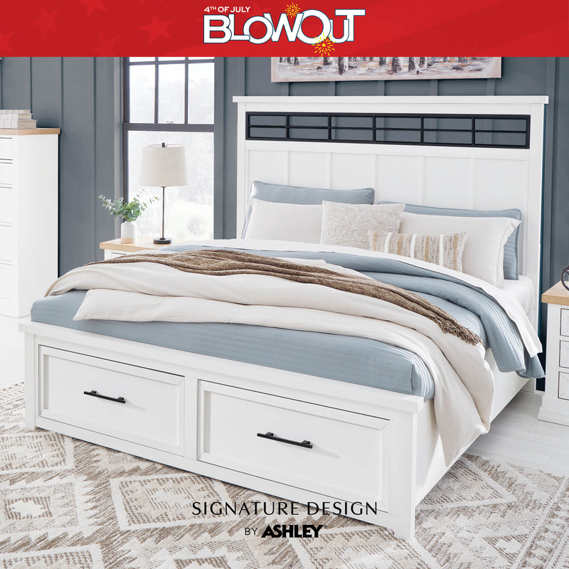 Bedroom setup with a white bed, nightstands, and lamp, featuring Signature Design by Ashley branding.