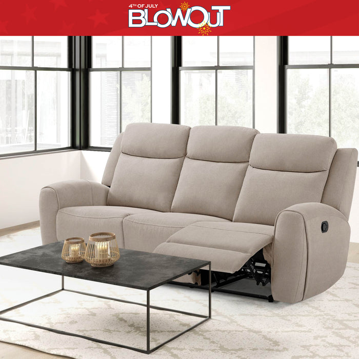 Beige recliner sofa in a modern living room with a '4th of July Blowout' banner at the top.