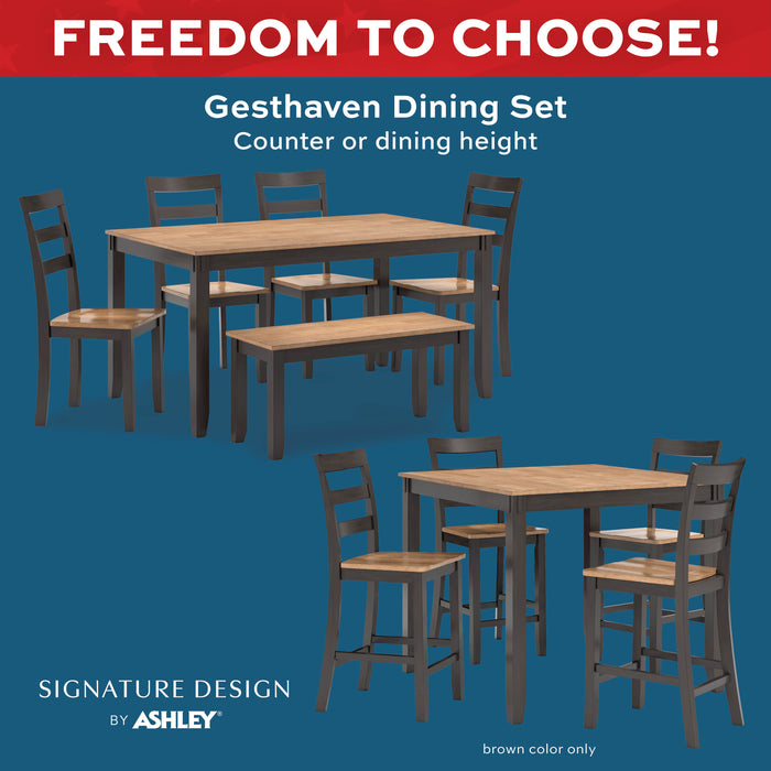 Dining set with table and chairs on a blue background, featuring Ashley Furniture branding.