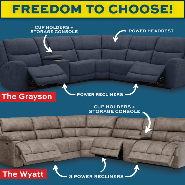 Sectional sofas labeled 'The Grayson' and 'The Wyatt' with promotional text for 'Holiday Deals Week!' on a blue background.