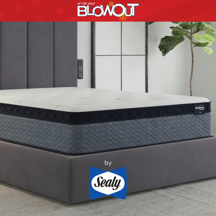 Gray mattress with Sealy logo on a bed frame, promotional text at the top