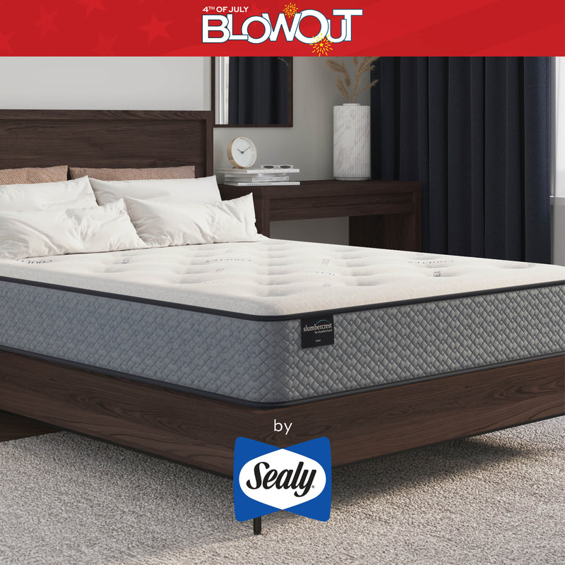 Sealy mattress on a bed frame with '4th of July Blowout' text and Sealy logo.
