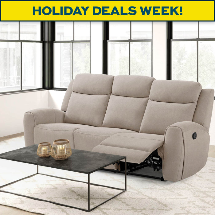 Beige sofa with reclining feature in a modern living room setting, promotional text for 'Holiday Deals Week' above.