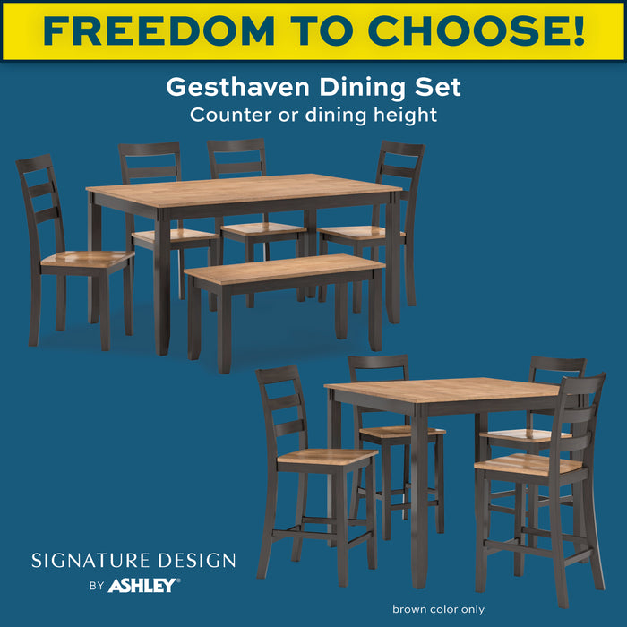 Dining set with table and chairs on a blue background, featuring 'Signature Design by Ashley'.