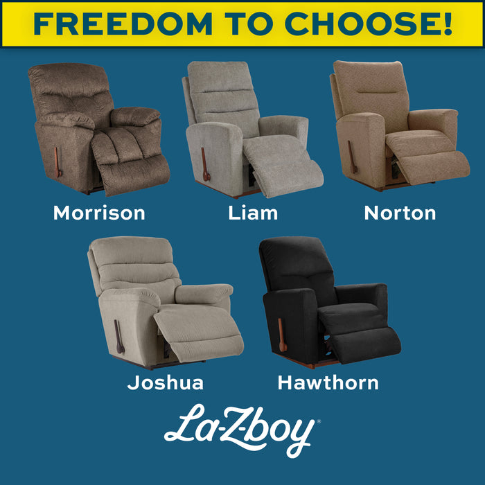 Five La-Z-Boy recliner chairs with names Morrison, Liam, Norton, Joshua, and Hawthorn on a blue background.