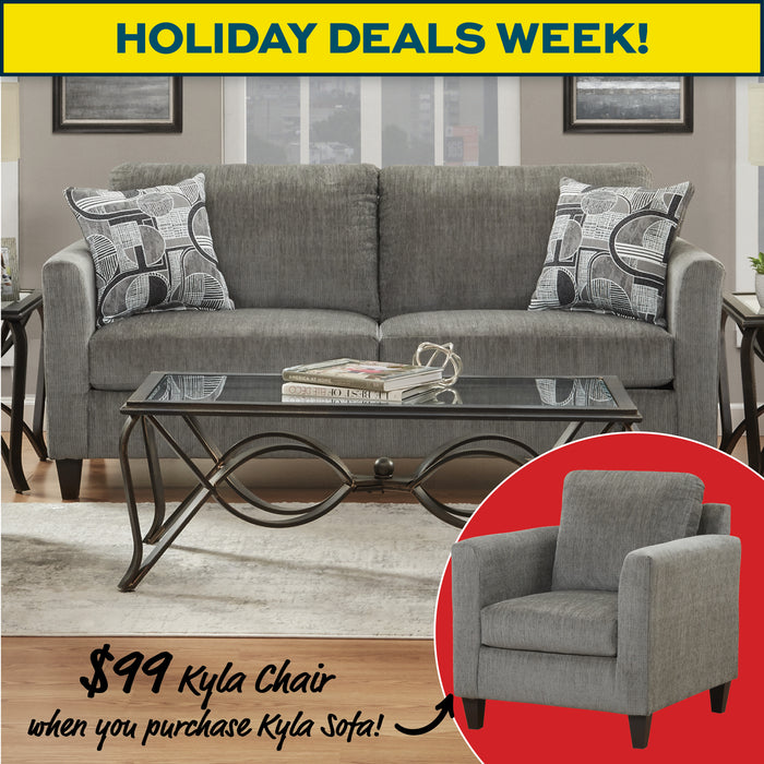 Gray sofa with decorative pillows and a coffee table, with a promotional banner for 'Holiday Deals Week' and a $99 Kyla Chair offer.