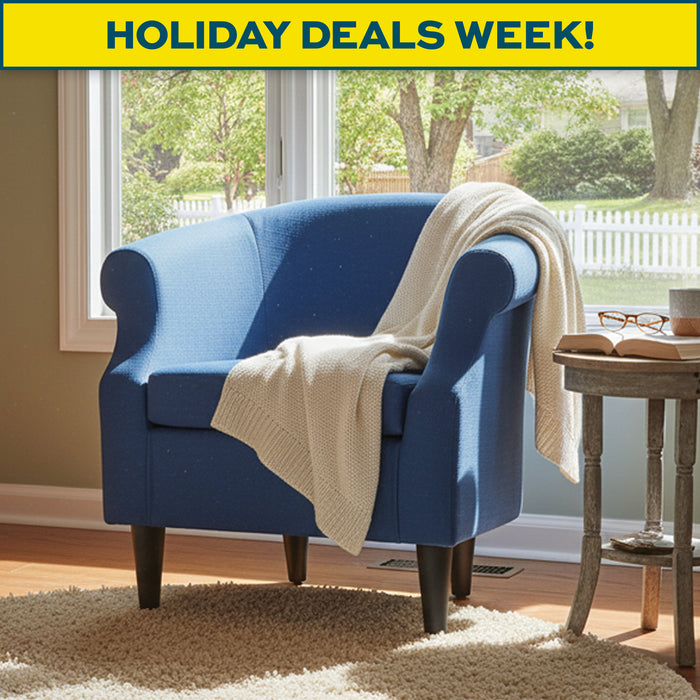 Blue armchair with a beige blanket in a room with a window view, promoting 'Holiday Deals Week'.
