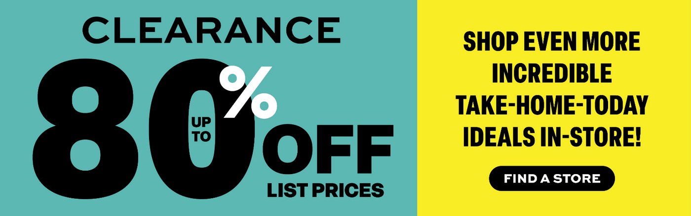 Clearance sale advertisement with 80% off text on a blue and yellow background.