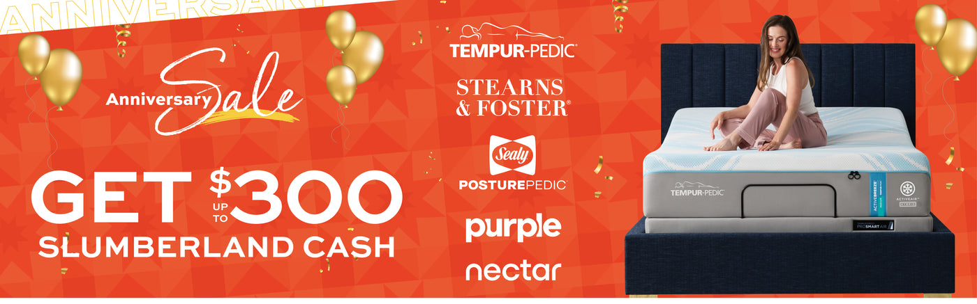 Promotional banner for Tempur-Pedic, Stearns & Foster, and Purple mattresses with a woman sitting on a mattress and anniversary sale text.