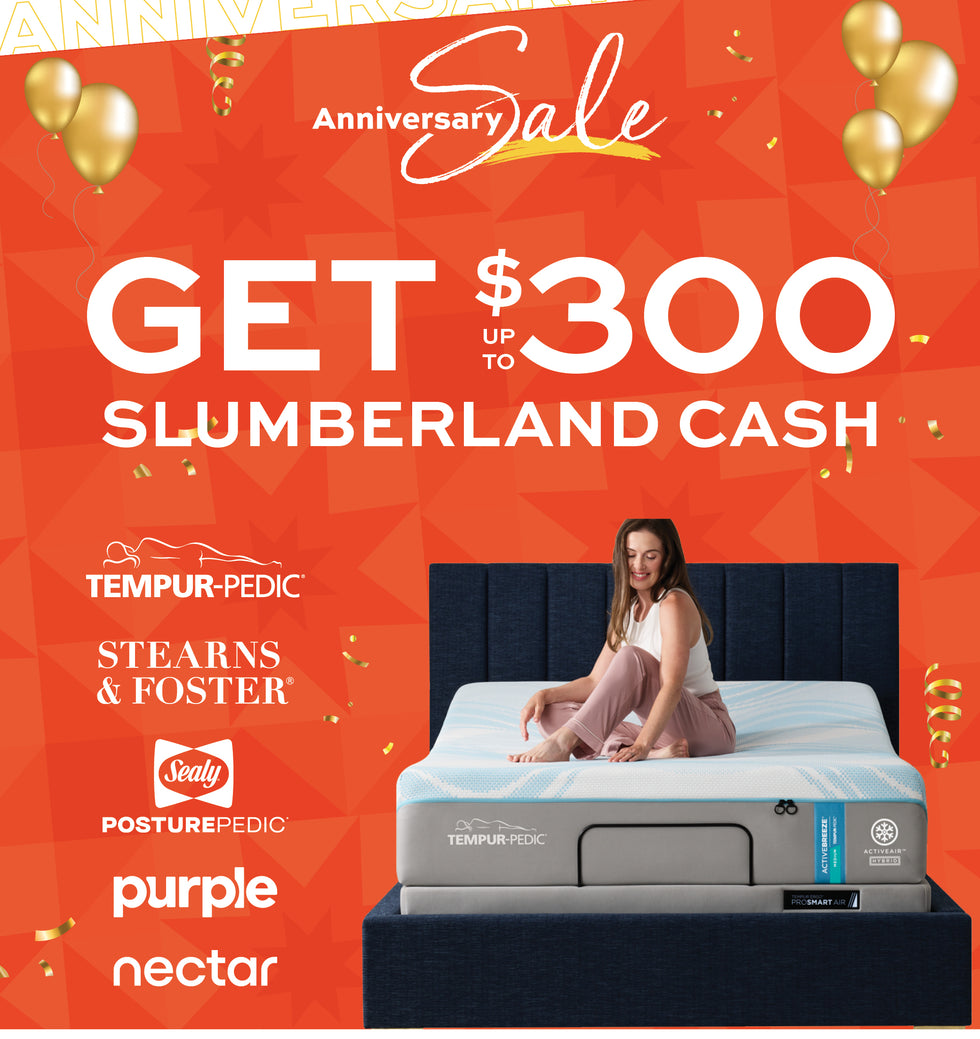 Promotional advertisement for mattress brands with a woman on a mattress, featuring an 'Anniversary Sale' offer.