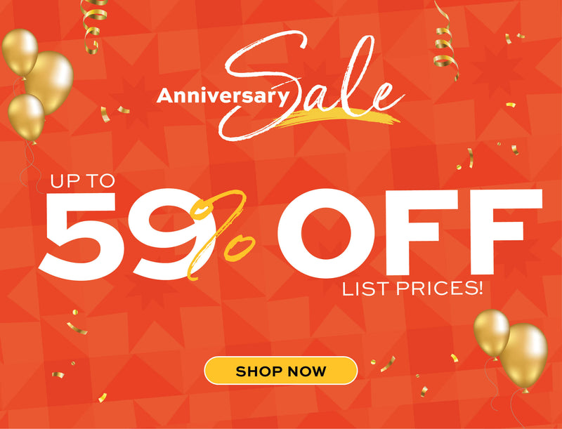 Promotional banner for an anniversary sale with text 'Up to 59% off list prices' on a red background.