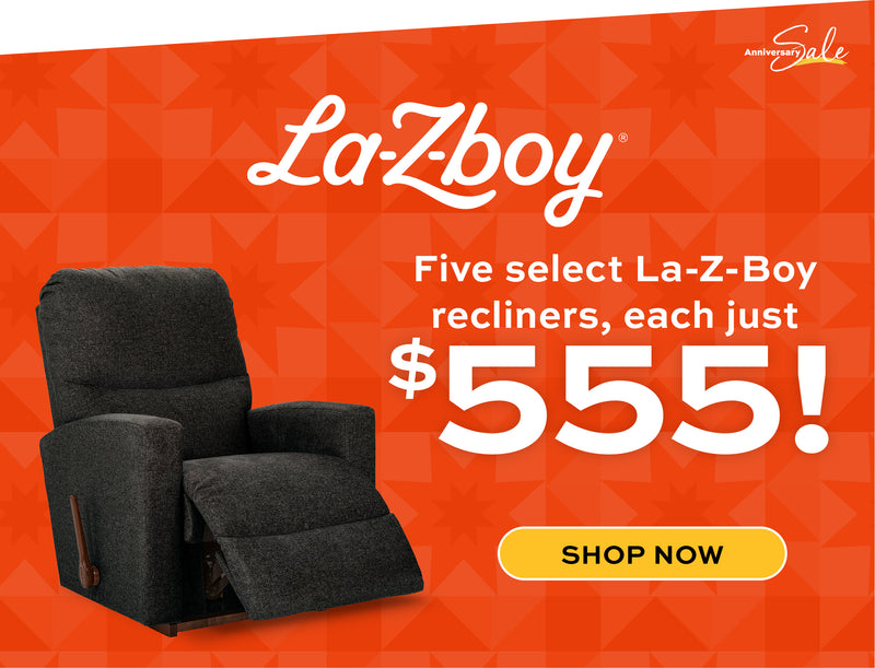 La-Z-Boy recliner advertisement with a red geometric pattern and promotional text.